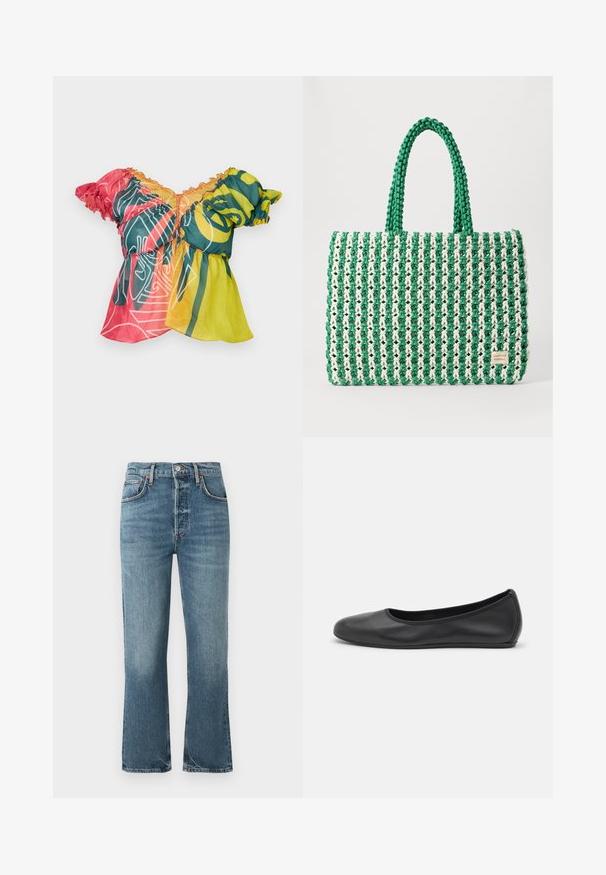 Paolina Russo BABBY DOLL - Top - neon sunset; Hellblaue Denim-Jeans mit hoher Taille, geradem Bein und dezentem Verblassen. Verfügt über klassischen Fünf-Taschen-Stil und Metallknopfverschluss.; Schwarze Leder-Ballettschuhe mit abgerundeter Spitze, glatter Textur, minimalen Nähdetails und einem flexiblen Sohlen-Design.; Grün-weiße gewebte Tragetasche mit strukturierter rechteckiger Form, strukturiertem Finish und zwei stabilen Griffen. Besitzt ein Logotag an der Seite.
