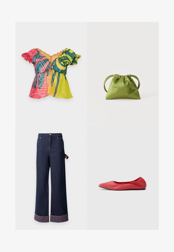 Paolina Russo BABBY DOLL - Top - neon sunset; Weite Denim-Hosen aus dunkelblauem Baumwollstoff mit gesäumtem Saum, versehen mit einem pinken Akzent-Tag an der Seite und klassischem Fünf-Taschen-Design.; Filippa K REY FLATS - Klassischer Ballerina - bright red; Grüne Beuteltasche mit Kordelzug und zwei Henkeln, verziert mit gestickten blauen und grünen abstrakten Formen, vor weißem Hintergrund.
