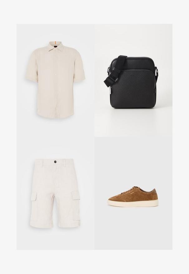 Kurzarmhemd aus leichtbeigem Leinen mit Button-Down-Kragen, Vorderknöpfen und geradem Saum. Hat eine dezente Textur.; Beige Cargo-Shorts aus leichtem Stoff, mit zwei seitlichen Taschen und umgeschlagenem Saum. Knopfverschluss an der Taille.; Brauner Wildleder-Sneaker mit abgerundeter Spitze, cremefarbener Gummisohle und tonalen Schnürsenkeln. Verfügt über ein eingeprägtes Logo an der Seite und eine glatte Rückseite.; Schwarze Leder-Crossbody-Tasche mit strukturierter Oberfläche, ausgestattet mit einer vorderen Reißverschlusstasche, verstellbarem Riemen und metallenen Hardware-Details.