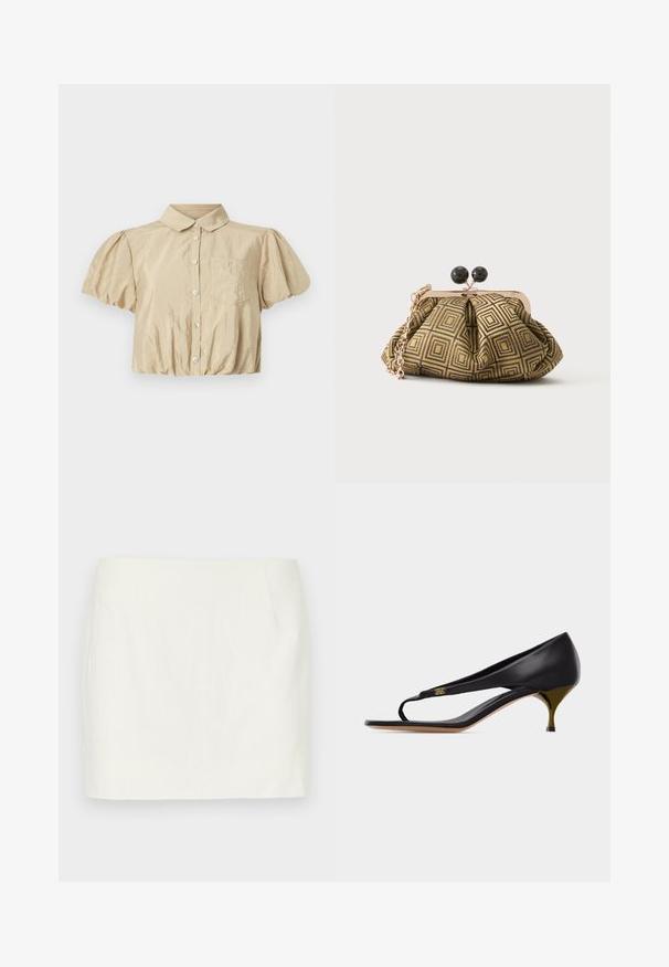 Cinq à Sept ALLINAE - Skjortebluser - khaki; Hvid linned mini nederdel med lige snit, der har sidelommer og en glat tekstur. Ingen synlige mønstre eller accenter.; Sort læderkilesandal med tynd tårem og guldemblem-detalje på siden.; Lille clutch taske med gyldent og sort geometrisk mønster, guldfarvet metalramme, sort kuglelås og en kort guldkæde som rem.
