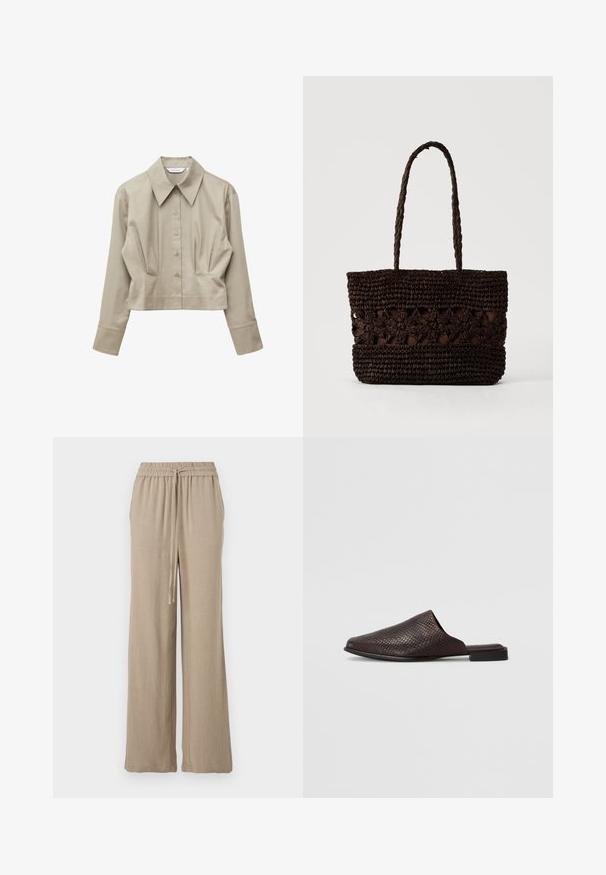 Beige kort knappet skjorte med lange ærmer, bred krave og plisserede detaljer foran.; Beige vide bukser lavet af et letvægtsstof. Har en elastisk talje med snor og sidelommer. Glat tekstur.; Sort slip-on mule lavet af tekstureret materiale med et reptilmønster, der har en lav, flad hæl og et afrundet, åbent tådesign.; Mørkebrun flettet taske med blomsterprint og to lange fletdet håndtag på en ensfarvet lys baggrund.