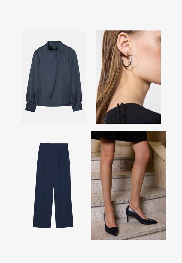 Blouse bleu marine à manches longues avec un col montant, détail plissé sur le devant et poignets froncés, fabriquée en tissu lisse semblable à de la satin.; Pantalons large bleu marine en tissu lisse, dotés de deux poches avant et de plis sur le devant, avec une coupe droite et un ourlet soigné.; Des chaussures à talons aiguilles bleu marine avec un bout pointu, présentant une finition lisse et texturée ressemblant à de la peau de crocodile.; Boucle d'oreille en argent avec une finition polie, présentant de petits détails en or et de forme ronde, portée sur le lobe.