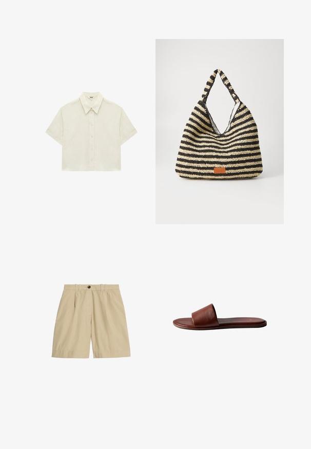 Kortærmet, cremefarvet skjorte med knapper og spidst krave, lavet af tekstureret stof, vist fladt på en hvid baggrund.; Marks & Spencer PURE FRONT BERMUDA - Shorts - beige; Brun læder slide sandal med flad sål og bred rem over tæerne, vist fra siden på en hvid baggrund.; Stribet vævet taske i sort og beige, med et slouchy design, tekstureret overflade og et lille lædermærke.