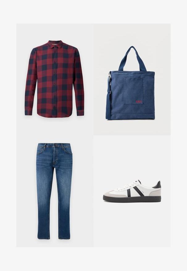 Rood en marineblauw geruit overhemd met lange mouwen, een button-down kraag en donkere knopen. Gemaakt van lichtgewicht stof met een gladde textuur.; Blauwe rechte spijkerbroeken met vijf zakken, knoopsluiting en subtiele vervaging op de dijen en knieën, weergegeven tegen een witte achtergrond.; Witte sneaker met zwarte en grijze accenten, voorzien van een grijze neus met textuur, zwarte rubberen zool en platte witte veters. Schoon ontwerp, minimalistische stijl.; Blauwe canvas tas met voorvak en rode "O.N.S" borduring, voorzien van dubbele handvatten en een verstelbare schouderriem.