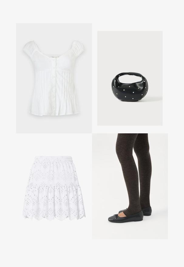 Blouse blanche à manches courtes avec boutons devant, encolure carrée, épaules froncées et plis verticaux sur la partie inférieure.; Jupe courte blanche à volants avec taille élastique, broderie anglaise et ourlet festonné décoré de motifs floraux.; Jambes portant des leggings côtelés foncés associés à des ballerines noires avec de petits détails en nœud sur fond blanc.; Sac à main en cuir noir de forme arrondie, décoré de clous argentés et équipé d'une poignée courte. Texture lisse et fermeture éclair.