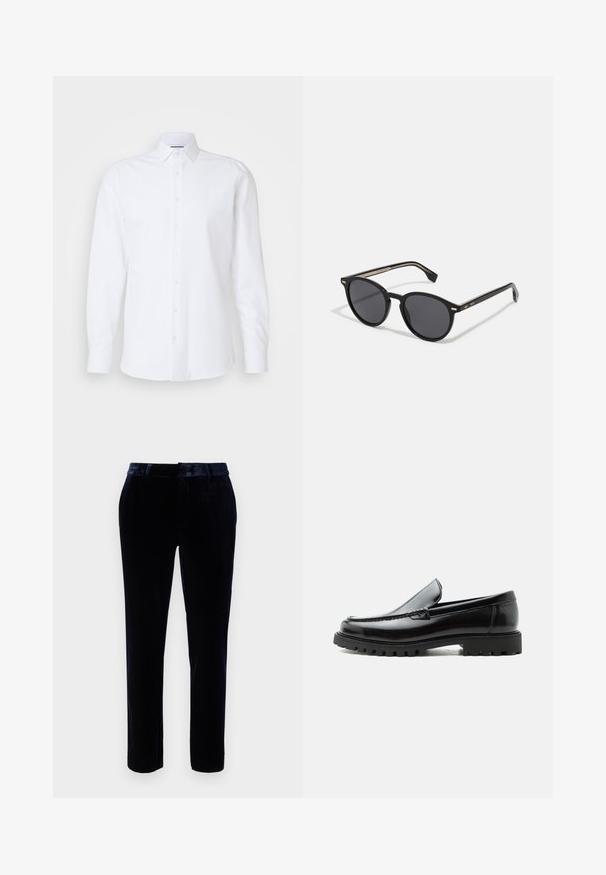 Witte lange mouwen button-up shirt gemaakt van gladde katoen. Bevat een klassieke kraag, een voorkant met knopen en een rechte zoom.; Donkerblauwe fluwelen broek met een rechte voorkant, ceintuurlussen en een slank model. De gladde textuur en subtiele glans verbeteren de uitstraling.; Zwarte leren loafer met dikke rubberen zool, gestikte bovenkant en gegraveerde merknaam op de hiel, zijaanzicht op witte achtergrond.; BOSS Zonnebril - black