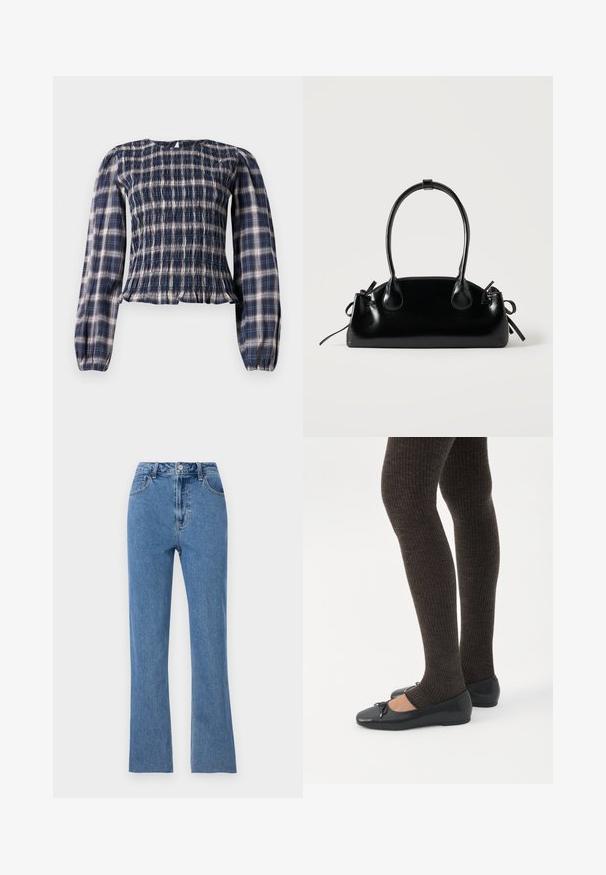 Blusa de mangas largas de cuadros azul marino con cuerpo fruncido y puños gather, que presenta un pequeño cierre de botón en forma de ojal en la parte posterior del cuello.; Jeans ajustados de color azul fabricados en denim, con una cintura alta, piernas acampanadas y sutiles detalles de costura. Diseño clásico de cinco bolsillos.; Piernas con leggings oscuros acanalados combinados con bailarinas negras que presentan pequeños detalles de lazo sobre un fondo blanco.; Pequeño bolso negro brillante con dos asas largas y detalles de cordón lateral sobre un fondo claro liso.