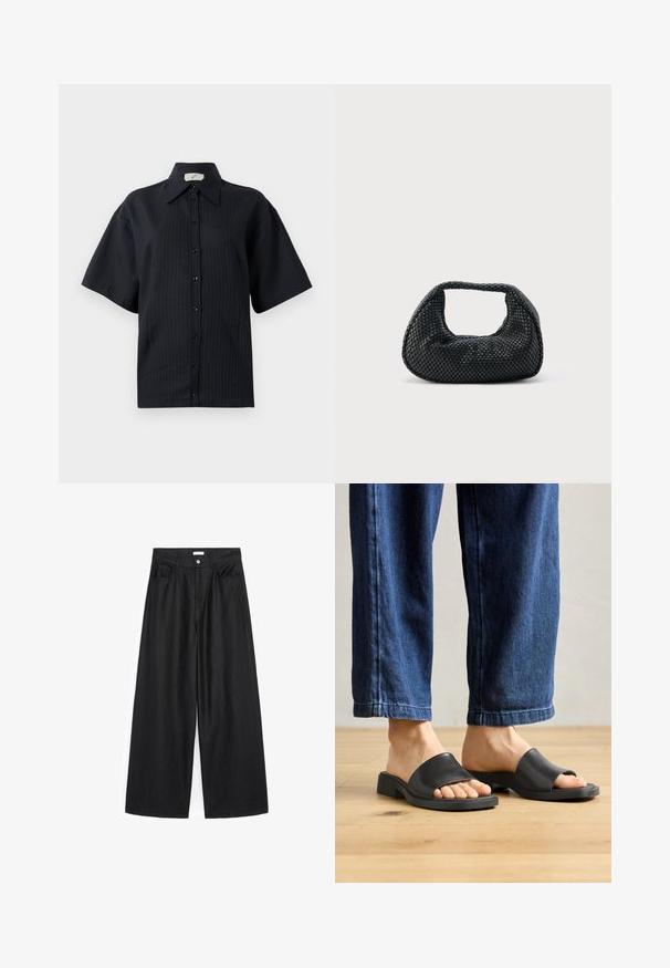 Camisa negra de botones con mangas cortas, con un patrón a rayas, cuello extendido y cierre de botones en el frente. Textura suave, corte relajado.; Pantalón negro de pierna ancha y cintura alta, con botón y cremallera delanteros, dos bolsillos frontales, mostrado sobre fondo blanco.; Sandalias planas negras hechas de material suave, con punta abierta y una banda superior ancha, colocadas sobre unos pantalones de mezclilla oscuros de corte recto.; Bolso hobo tejido negro con estructura suave y asa integrada, exhibido sobre un fondo liso y claro.