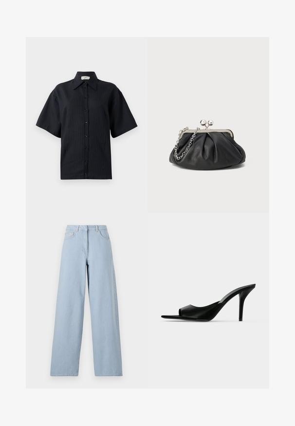 Must mustärkade lühikeste varrukatega särk, millel on triibuline muster, laia kraega ja esise sulgemise nupud. Sile tekstuur, vabalt langev lõige.; REMAIN COCOON PANTS - Wide leg - light blue; Mustast nahast avatud varbaga kõrge kontsaga kõrge kontsaga kootud king, külgvaates tavalise taustaga.; Musthave musta nahast käekott, millel on volditud tekstuur, hõbedane metallraam, lukustatud sulgemismehhanism ja kett. Sile ja pehme pind.