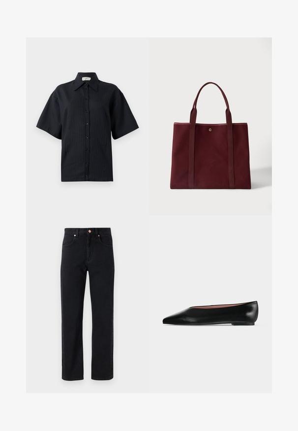Sort knap-shirt med korte ærmer, der har et stribet mønster, spredt krave og frontknaplukning. Glat tekstur, afslappet pasform.; Sorte denim jeans med lige ben, fem-lomme design, kobberknap detaljer og minimal syning synlig.; Sort damesko i læder med flad hæl og spids tå, vist fra siden på en ensfarvet lys grå baggrund.; Mørkerød stofnettaske med to lange håndtag og en lille rund metal knap nær toppen i midten mod en ensfarvet baggrund.