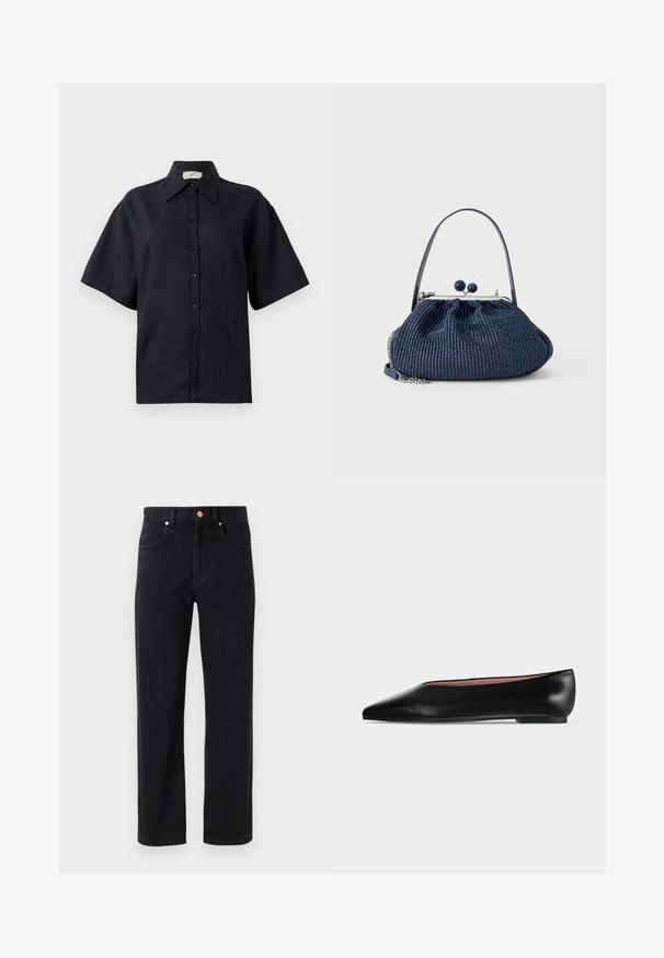 Schwarze kurzärmelige Hemdbluse mit gestreiftem Muster, verbreitetem Kragen und vorderer Knopfverschluss. Glatte Textur, lockere Passform.; Schwarze Jeans aus Denim mit geradem Bein, Fünf-Taschen-Design, Kupferknopfdetails und minimal sichtbaren Nähten.; Schwarzer flacher Damenleder-Schuh mit spitzer Kappe und niedrigem Absatz, von der Seite auf einfarbigem hellgrauem Hintergrund gezeigt.; Marineblaue Handtasche aus gewebtem Stoff mit rundem Verschluss, kurzem Griff und silbernem Kettendetail vor schlichter hellem Hintergrund.