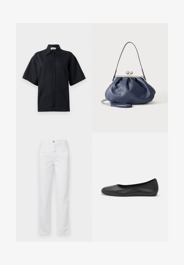 Schwarze kurzärmelige Hemdbluse mit gestreiftem Muster, verbreitetem Kragen und vorderer Knopfverschluss. Glatte Textur, lockere Passform.; Weiße Denim-Jeans mit geradem Bein, fünf Taschen und einem vorderen Knopfverschluss. Glatte Textur mit dezenten Nahtdetails.; Schwarze Leder-Ballettschuhe mit abgerundeter Spitze, glatter Textur, minimalen Nähdetails und einem flexiblen Sohlen-Design.; Weiche navyblaue Ledertasche mit silberner Verschlussklammer, einem einzelnen Schulterriemen und abnehmbarem Ketten-Handgelenksriemen auf weißem Hintergrund.