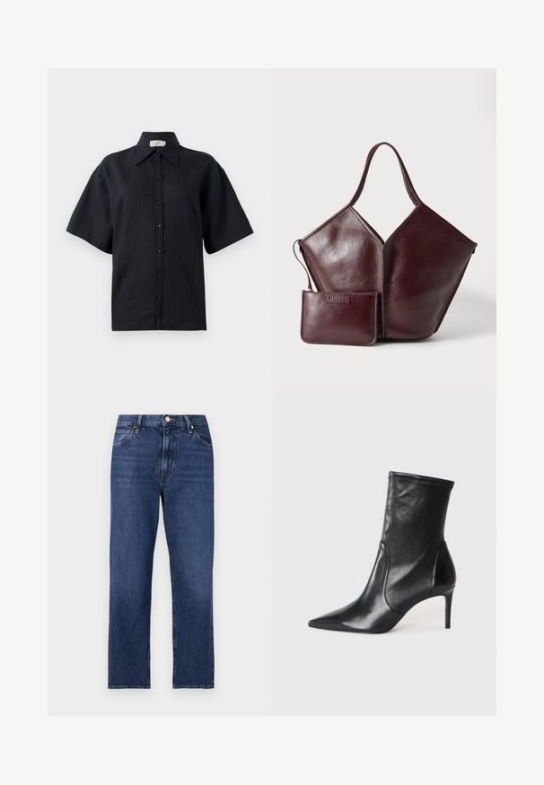 Schwarze kurzärmelige Hemdbluse mit gestreiftem Muster, verbreitetem Kragen und vorderer Knopfverschluss. Glatte Textur, lockere Passform.; Jeans aus Denim in einem dunklen Blauton. Gerades Bein Design mit fünf Taschen, Frontknopfverschluss und kontrastierenden Stickereidetails.; Schwarze Stiefeletten aus glattem Leder, mit einer spitzen Zehe, schmalem Schaft und schlanker, hoher Ferse. Minimalistisches Design ohne sichtbare Beschläge.; Dunkelbraune Lederhandtasche mit einem einzelnen Griff und einem passenden kleinen Reißverschlusstäschchen vorne auf hellem Hintergrund.