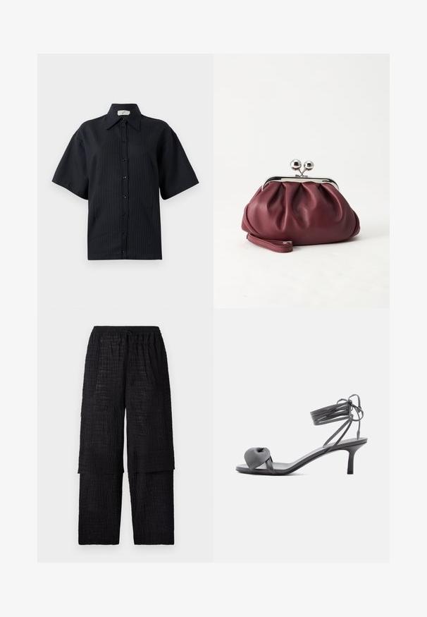 Schwarze kurzärmelige Hemdbluse mit gestreiftem Muster, verbreitetem Kragen und vorderer Knopfverschluss. Glatte Textur, lockere Passform.; Henrik Vibskov SHANTS PANTS - Stoffhose - black; Graue Leder-Pumps mit Absatz, verknotetem Riemen über den Zehen und Wickelriemen um den Knöchel auf schlankem, mittelhohem Absatz vor weißem Hintergrund.; Kleine burgunderrote Lederclutch mit silbernem Metallverschluss und Handgelenksriemen auf weißem Hintergrund.