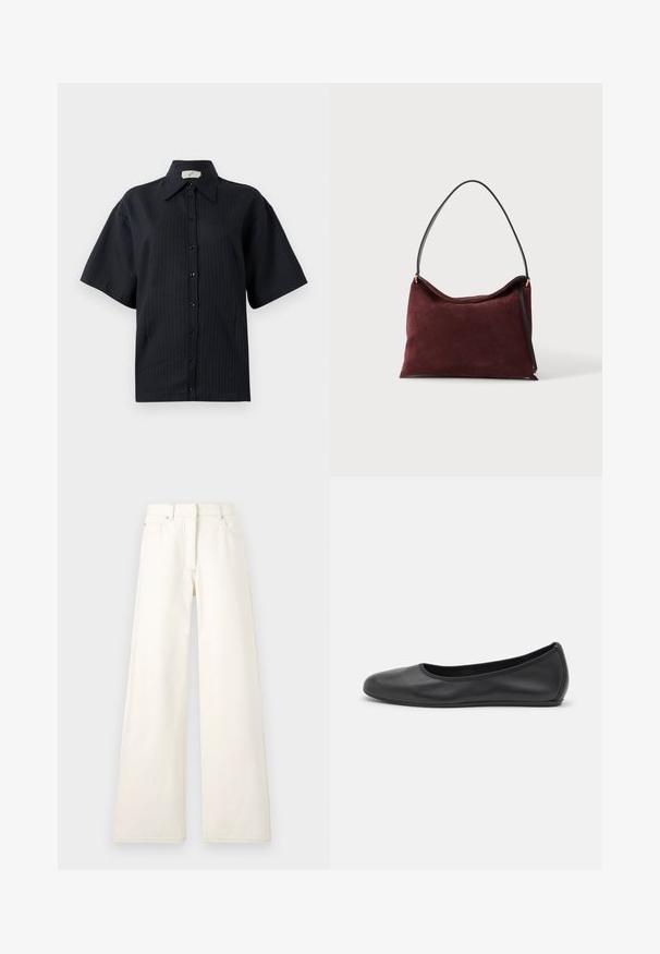 Chemise noire à manches courtes, avec un motif rayé, col évasé et fermeture par boutons sur le devant. Texture lisse, coupe décontractée.; Pantalons larges de couleur crème en denim avec des coutures visibles et des poches. Le design présente une taille haute et une coupe droite.; Ballerines en cuir noir avec un bout rond, texture lisse, détails de couture minimalistes et design de semelle flexible.; Sac à main en daim bordeaux doux avec bandoulière noire et ferrures dorées, présenté sur fond blanc.