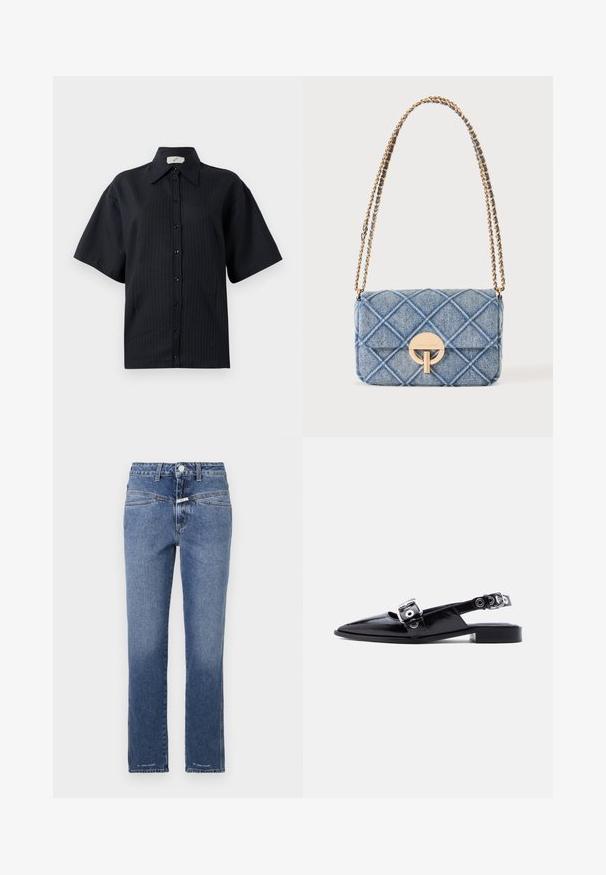 Chemise noire à manches courtes, avec un motif rayé, col évasé et fermeture par boutons sur le devant. Texture lisse, coupe décontractée.; Jeans en denim de couleur bleue intermédiaire, coupe droite, avec une taille mi-haute, cinq poches et des détails de surpiqûres discrets.; Ballerine pointue en cuir verni noir avec double boucle argentée et talon slingback sur fond blanc.; Sac d'épaule en denim bleu matelassé avec bandoulière chaîne dorée et fermeture à boucle circulaire dorée sur le rabat avant.