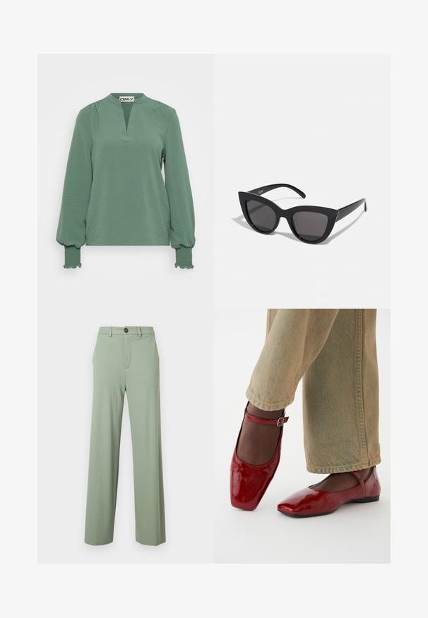 Blouse verte à manches longues avec un décolleté en V, en tissu texturé, et des manches bouffantes ornées de smocks au niveau des poignets.; Pantalon vert clair à jambe droite avec passants de ceinture, poches latérales et fermeture à bouton sur la taille.; Chaussures en cuir verni rouge avec un bout carré, un petit talon et une sangle de cheville, associées à un jean large vert clair. Texture lisse, surface réfléchissante.; Lunettes de soleil noires en forme d'œil de chat avec une finition mate, dotées de verres teintés gris, d'angles aigus et de branches élégantes. Nom de la marque visible sur la branche intérieure.