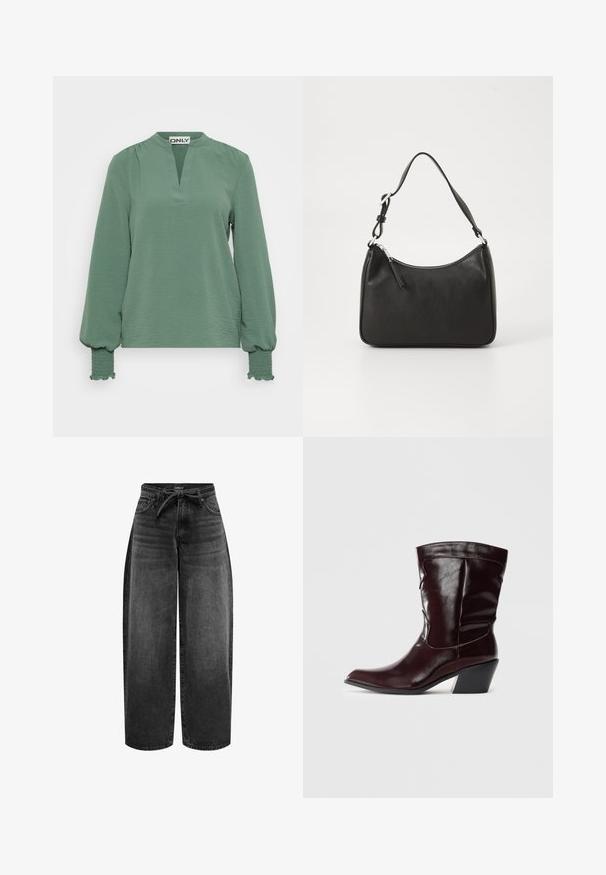 Langærmet grøn bluse med en skarp halsudskæring, struktureret stof og indsamlede ærmer med smocked-detaljer ved manchetterne.; ONLY Straight fit ONLGIANNA Mid waist Balloon - Jeans Straight Leg - washed black; Bordeaux læder ankelstøvler med spids tå, tekstureret overflade og en lav, taperet hæl. Har diskrete søm og en tætsiddende pasform.; Sort læderhåndtaske med en buet form, en enkelt rem, lynlås lukning og diskret branding på forsiden. Glat tekstur, minimalistisk design.