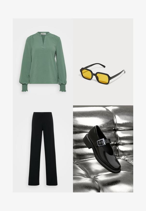 Langærmet grøn bluse med en skarp halsudskæring, struktureret stof og indsamlede ærmer med smocked-detaljer ved manchetterne.; Vero Moda Tall VMBERLIN ZAMIRA WIDE - Bukser - black; Sorte læder Mary Jane sko med firkantet tå, en sølv spænde accent og en chunky lav hæl, sat mod en glansfuld sølv baggrund.; Sorte rektangulære solbriller med gule linser. Funktioner inkluderer tykke stel og kantet design med en glat, blank finish.