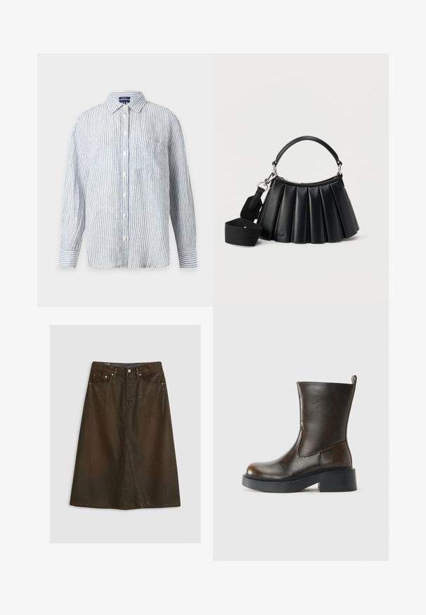 Langærmet skjorte med knapper foran med hvide og lyseblå lodrette striber, en forreste brystlomme og en klassisk krave.; Brun denim A-formet nederdel med høj talje, frontslids, kobbernitter og tonede syninger. Glat tekstur, knælængde design.; Mørkebrune læderstøvler til midten af læggen med rund tå, tyk sort sål, lav blokhælel og en trækflap bagpå.; Sort læderhåndtaske med plissering, kort håndtag og aftagelig bred skulderrem i stof på hvid baggrund.