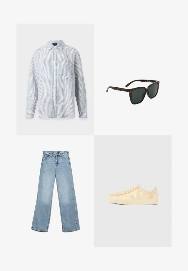 Camisa de manga larga con botones, con rayas verticales blancas y azul claro, bolsillo frontal en el pecho y cuello clásico.; Vaqueros de tiro alto y pierna ancha en color azul claro, con cierre de botón y cremallera, bolsillos delanteros y traseros, y trabillas para cinturón.; Zapatilla baja beige con cordones, suela de goma y logotipo en forma de "V" en el lateral, mostrada en un perfil lateral derecho sobre un fondo liso.; Gafas de sol cuadradas con montura carey y lentes de tintado oscuro, inclinadas hacia la derecha sobre un fondo blanco.