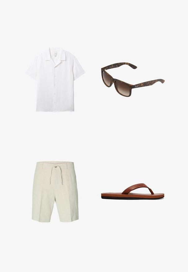 Weißes Kurzarm-Hemd mit Knopfleiste, Camp-Kragen und sichtbarem Calvin Klein-Label im Halsausschnitt.; Leinen-Shorts in hellbeige, mit einem Kordelzugbund, vorderen Falten und zwei seitlichen Taschen. Glatte Textur mit lässigem Design.; Braune Lederflip-Flops mit einem strukturierten Riemen, einer gepolsterten Innensohle und einer schwarzen Gummisohle. Seitenansicht, die das schlanke Design hervorhebt.; Schildpatt-Sonnenbrille mit braunen Verlaufslinsen, rechteckiger Form, dicken Rahmen und einem silbernen Logo-Akzent an der Seite.