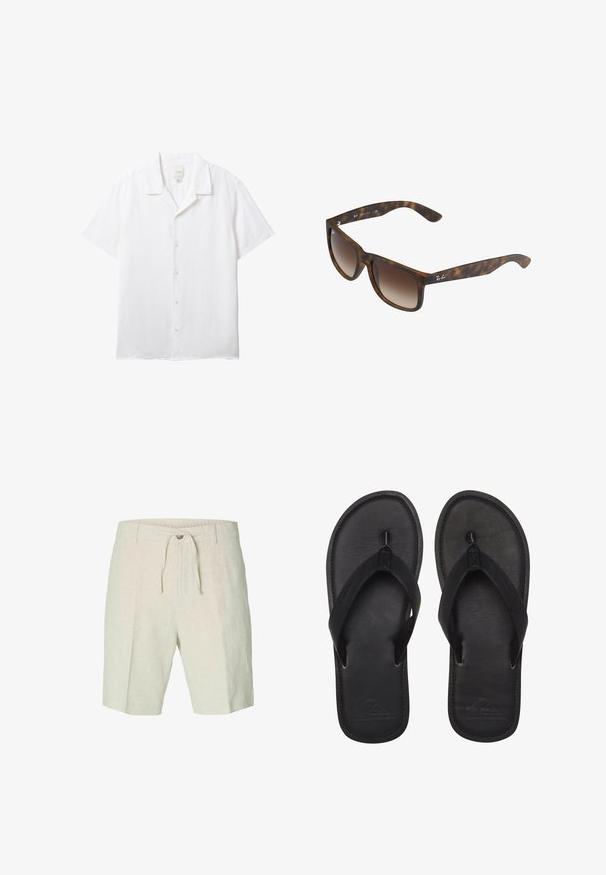Wit overhemd met korte mouwen, knoopsluiting, een campkraag en een zichtbaar Calvin Klein-label aan de binnenkant van de hals.; Linnen shorts in lichtbeige, met een trekkoord in de taille, voorplooien en twee zijzakken. Zachte textuur met een casual ontwerp.; Zwarte flip-flops gemaakt van glad materiaal, met een tanga-stijl band, een gestructureerde voetbed en een geperst logo op de zool.; Kattenoog zonnebril met bruine gradient lenzen, rechthoekige vorm, dikke monturen en een zilveren logoaccent aan de zijkant.