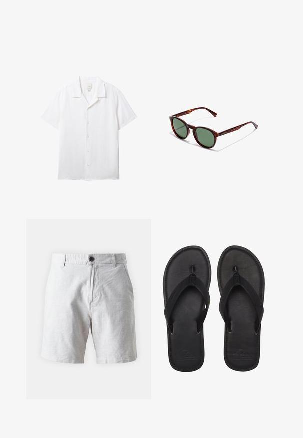 Camisa blanca de manga corta con botones, cuello estilo campestre y etiqueta visible de Calvin Klein en el interior del escote.; Pantalones cortos de algodón gris claro con un frente plano, bolsillos laterales y un cierre de un solo botón. Textura suave con un aspecto ligeramente arrugado.; Chanclas negras hechas de material suave, con una tira estilo thong, planta texturizada y logo en relieve en la suela.; Gafas de sol de carey marrón con montura redondeada, lentes verdes y brazos de patilla con patrón. Presenta el logo de la marca en un brazo.