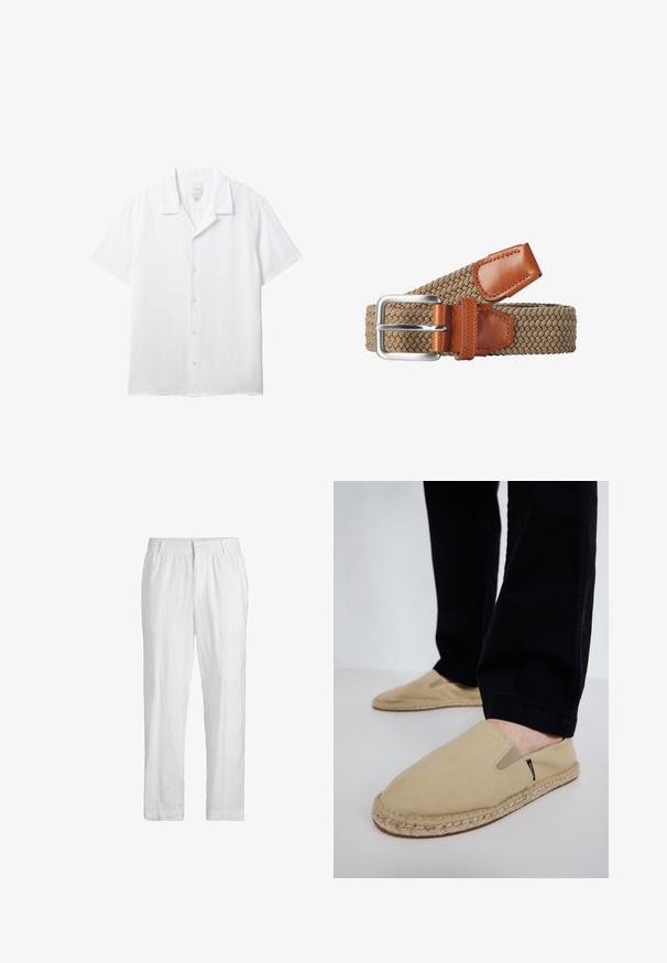 White short-sleeve button-up shirt with a camp collar and visible Calvin Klein label inside the neckline.; White linen pants with an elastic waistband and a front button closure. The fabric features a smooth, lightweight texture and straight-leg design.; Beige canvas slip-on shoes with elastic goring, jute rope sole, and contrasting stitching. Worn with black tapered pants.; Woven elastic belt in tan with brown leather accents. Features a silver metal buckle, offering a textured, flexible design for comfort.