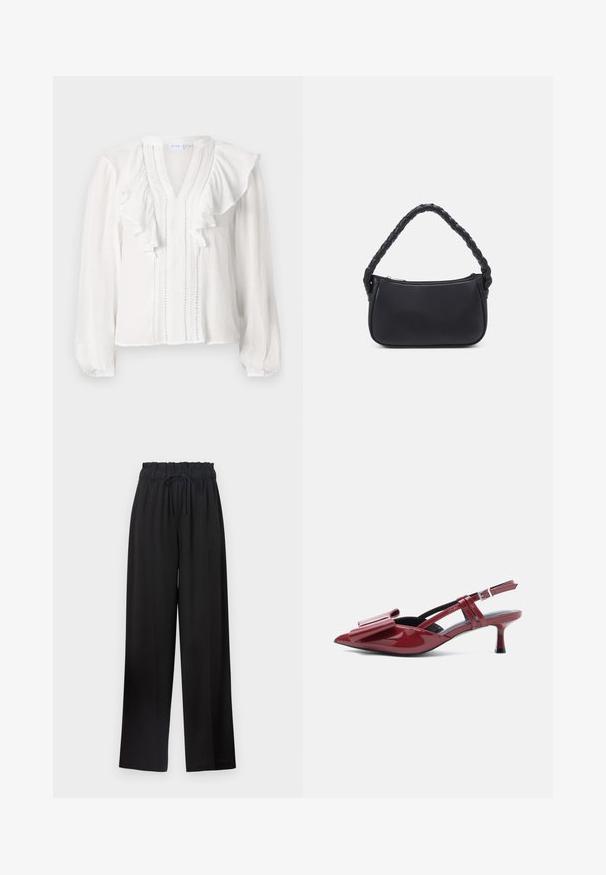 Blusa blanca de manga larga, con escote en V, diseño con volantes y costura vertical decorativa en el frente. Confeccionada en tejido ligero.; Pantalones de pierna ancha negros con una cinturilla elástica y cordón. Fabricados con un tejido suave sin patrones visibles ni elementos de metal.; Zapatilla de charol rojo con tacón kitten y punta afilada, con un gran lazo en la parte superior, sobre un fondo blanco.; Bolso negro de forma redondeada, hecho de material liso. Presenta un asa trenzada y un cierre de cremallera para un almacenamiento seguro.