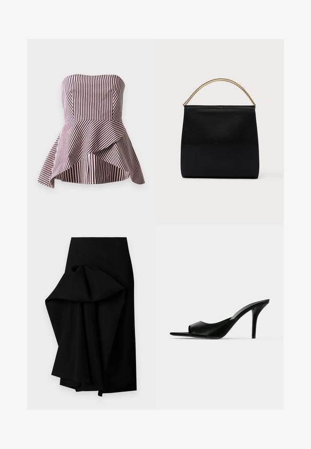 Strapless peplum top in donkerrood en crèmekleurige strepen, met een getailleerde top en een uitlopende, gelaagde zoom voor extra textuur.; Zwarte rok van gladde stof, met een oversized gedrapeerd ontwerp aan één kant, waardoor een high-low zoom ontstaat.; Zwarte leren mule met open teen en hoge slanke naaldhak, zijaanzicht tegen een effen achtergrond.; Zwarte tas van gladde stof met een gestructureerde vorm, een handvat van gouden ketting en een minimalistisch geometrisch ontwerp.