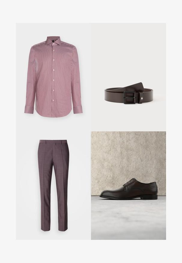 Chemise pour homme à manches longues boutonnée, avec de fines rayures verticales rouges et blanches et un col pointu sur un fond uni.; Pantalons sur mesure pour hommes dans une teinte violette douce, présentant une texture lisse, une coupe droite et des plis avant pour un détail supplémentaire.; Chaussure habillée en cuir marron avec un bout arrondi, des coutures minimales et une finition lisse. Elle présente un faible talon et un design de laçage simple.; Ceinture en cuir marron foncé avec une boucle métallique rectangulaire noire, enroulée sur un fond blanc.