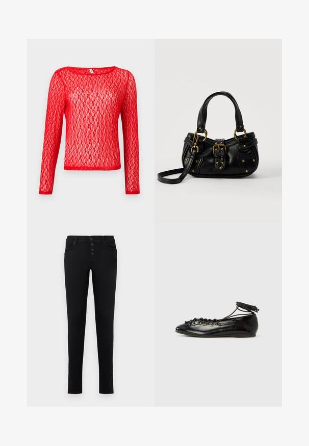 Haut en dentelle rouge à manches longues avec un col rond. Le tissu présente un motif délicat et ouvert, mettant en valeur une apparence texturée et semi-transparente.; Jean en denim noir avec une coupe slim, cinq poches et un bouton. Présente une texture lisse et des lignes épurées.; Ballerines en cuir verni noir avec un bout rond, un design à lacets et une semelle plate. Texture lisse avec peu de détails.; Sac à main en cuir noir avec boucle dorée et détails à rivets, poignées courtes et bandoulière réglable sur fond blanc uni.