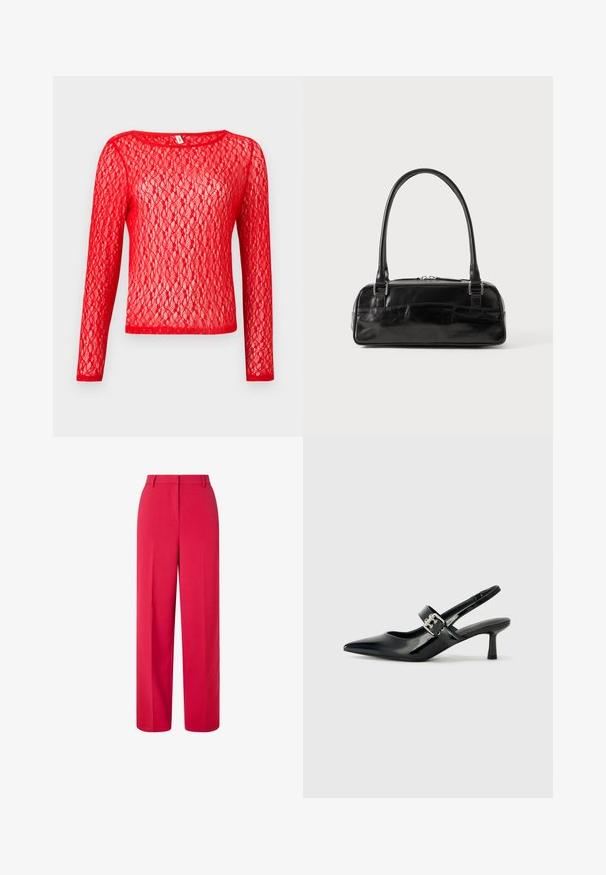 Top de encaje rojo de manga larga con escote redondo. La tela presenta un delicado patrón de tejido abierto, mostrando una apariencia texturada y semitranslúcida.; Pantalones rojos de cintura alta y pierna ancha con pasadores de cinturón y cierre frontal oculto sobre un fondo blanco.; Zapatos de tacón en charol negro con tira al tobillo, punta afilada y un pequeño tacón bloque, que cuentan con un acento de hebilla plateada en la correa.; Bolso de mano de cuero negro con forma rectangular, equipado con un asa estructurada, herrajes en plata y cierre de cremallera. Textura suave.