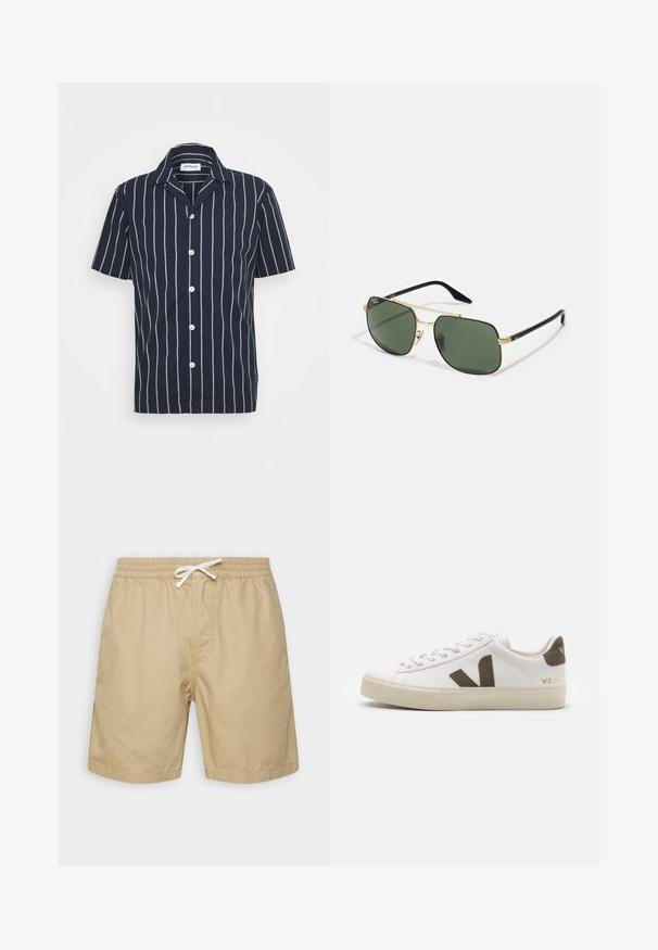 Chemise à manches courtes bleu marine avec des rayures verticales blanches, devant boutonné et col cranté. Fabriquée en tissu léger.; Shorts en coton beige avec une taille élastique, cordon de serrage et deux poches latérales. Texture lisse, design à mi-mollet.; Baskets en cuir blanc avec une semelle en caoutchouc beige clair. Présentent un logo en V en daim marron et une languette de talon. Fermeture à lacets avec une surface texturée.; Lunettes de soleil en métal doré avec des lentilles vertes, de forme rectangulaire, branches en plastique noir et un design bicolore. Comprend des plaquettes de nez pour le confort.