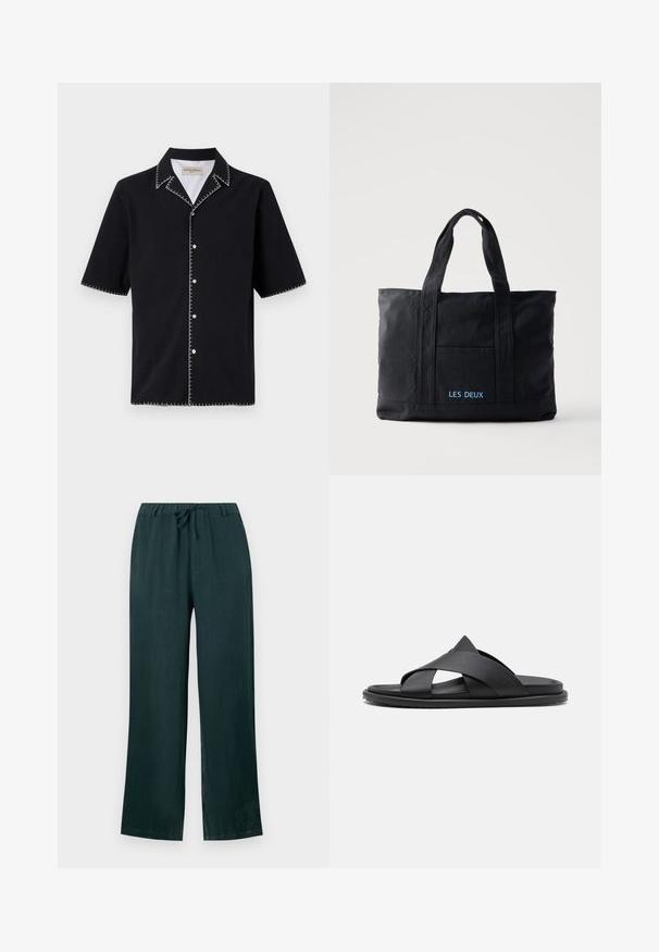 Chemise noire à manches courtes avec un col, présentant des coutures blanches contrastantes le long des bords et des boutons sur le devant. Tissu texturé.; Pantalons en lin vert foncé avec une coupe décontractée, dotés d'une taille à cordon de serrage et de jambes larges, texture lisse, et sans motifs visibles.; Stuart Weitzman BERKLEY - Mules - black; Sac cabas en toile noire avec deux anses, poche avant et "LES DEUX" brodé en bleu sur la poche avant.