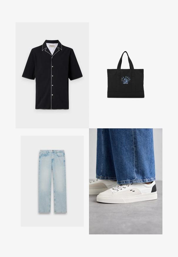 Chemise noire à manches courtes avec un col, présentant des coutures blanches contrastantes le long des bords et des boutons sur le devant. Tissu texturé.; Jeans en denim bleu clair avec un design à jambes droites, un style cinq poches et une finition délavée. La quincaillerie en métal et les détails de couture sont visibles.; Baskets blanches et noires avec une tige en cuir lisse, des accents texturés et une semelle épaisse blanche. Présentent un design classique à lacets.; Sac cabas noir avec deux poignées et texte bleu "Les Deux" au-dessus d’un design graphique bleu au centre avant.