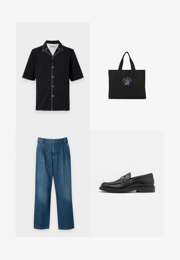 Zwarte korte mouw shirt met een kraag, met witte contrasterende stiksels langs de randen en knopen aan de voorkant. Geweven stof.; Blauwe denim broek met een rechte pijp, voorzien van een hoge taille, plooien aan de voorkant en een klassieke knoopsluiting. Gladde textuur.; Zwarte leren instappers met een ronde neus, voorzien van een gouden hardware accent en stikdetails, geplaatst op een lage, getextureerde rubberen zool.; Zwarte draagtas met twee handvaten en blauwe tekst "Les Deux" boven een blauw grafisch ontwerp aan de voorkant in het midden.