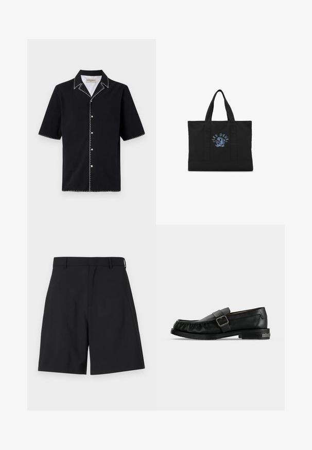 Chemise noire à manches courtes avec un col, présentant des coutures blanches contrastantes le long des bords et des boutons sur le devant. Tissu texturé.; Shorts noirs en tissu lisse avec un design ajusté, présentant un devant plat et deux poches latérales, ainsi qu'une taille régulière.; Mocassin en cuir noir avec une bride à boucle, détails cousus autour de la pointe, et un petit talon avec un accent métallique.; Sac cabas noir avec deux poignées et texte bleu "Les Deux" au-dessus d’un design graphique bleu au centre avant.