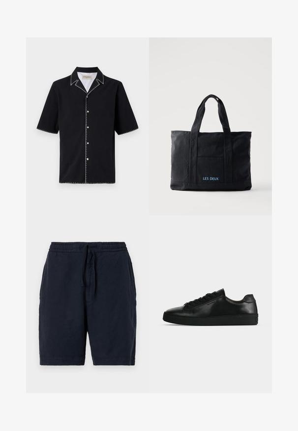 Camisa negra de manga corta con cuello, que presenta costuras en contraste blancas a lo largo de los bordes y botones en la parte delantera. Tejido texturizado.; Pantalones cortos de lino azul marino con cintura elástica y cordón, que presentan un ajuste relajado y una superficie ligeramente texturizada.; Zapatilla de cuero negra de perfil bajo con cordones negros y una suela negra gruesa, mostrada de lado sobre un fondo gris claro.; Bolsa tote de lona negra con dos asas, bolsillo frontal y "LES DEUX" bordado en azul en el bolsillo delantero.