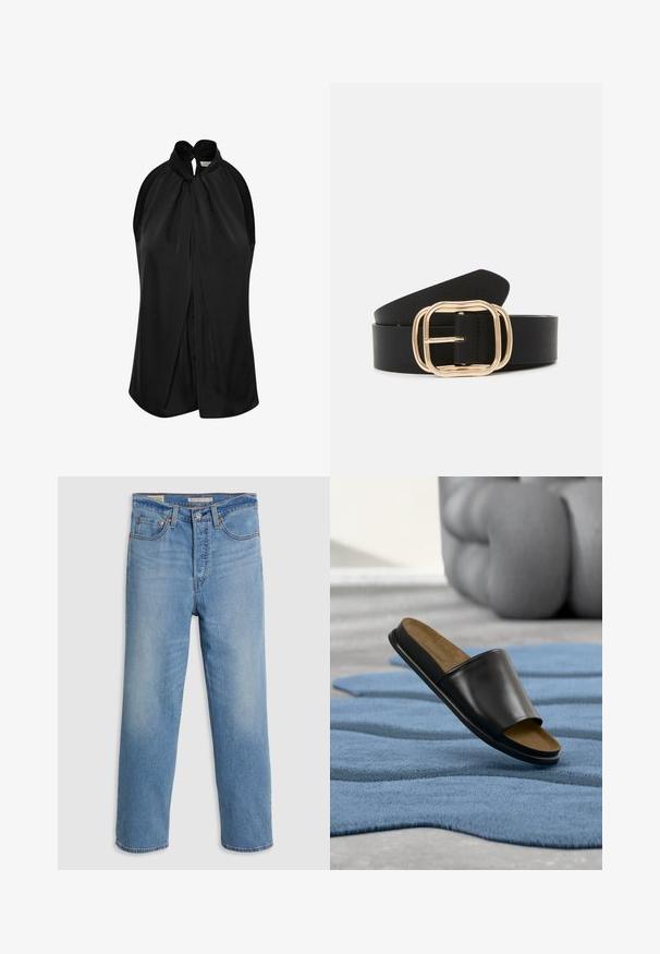 Sort ærmeløs top med halterneck og knudedetalje, blødt stof og en draperet design, der flyder løst fra skuldrene.; Lysblå lige ben denimbukser med forlommer, bæltestropper og en knaplukning på en ensfarvet baggrund.; Sort læderslide sandal med brun fodseng hvilende på tekstureret blå måtte, med sløret stor grå skulptur i baggrunden.; Sort læderbælte med en rektangulær spænde i guldfarve med afrundede kanter, glat tekstur og et stilrent design.