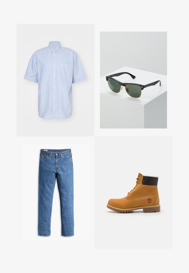 Chemise à manches courtes bleu clair en tissu coton. Dotée d'un col et d'une poche avant. Design simple et uni.; Jean en denim bleu avec une coupe droite, rivets en cuivre et design à cinq poches. Dispose d'un ourlet cousu et d'une taille classique avec passants de ceinture.; Bottine en cuir brun avec œillets en métal, doublure en fourrure blanche, col rembourré noir, semelle robuste et logo en relief sur le côté.; Lunettes de soleil Ray-Ban avec des verres verts, monture en plastique noir et accents dorés sur les bords. Forme carrée avec une finition mate.