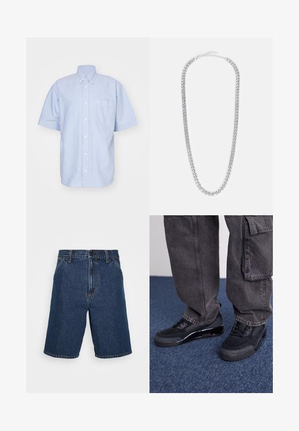 Lichtblauw overhemd met korte mouwen van katoenen stof. Heeft een kraag en een borstzak. Eenvoudig, effen ontwerp.; Donkerblauwe denim shorts met een rechte snit. Voorzien van gele stiksels en een klassieke vijf-pocketontwerp. Normale tailleband en afgewerkte randen.; Zwarte sportieve schoenen met een gestructureerd oppervlak, gladde accenten en een chunky zool, gecombineerd met donkere, loszittende cargo pants.; Zilveren metalen kettinghalsband met verweven schakels, een gladde textuur en een verstelbare sluiting voor het aanpassen van de lengte.