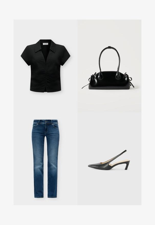 Sort kortærmet bluse med krave og frontlynlås med rynkede detaljer og en let åben kant i den nederste midte.; Blå denimjeans med klassisk fem-lomme design, knap- og lynlåslukning og let falmning på forsiden af lårene og knæene.; Sorte spidse slingback-sko med en lav hæl, lavet af glat læder og med udskæringer på siden for åndbarhed.; Lille sort blank håndtaske med to lange håndtag og snøre-detaljer i siden på en ensfarvet lys baggrund.