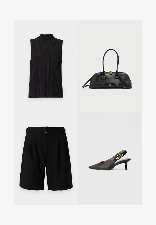 Sort ærmeløs top med høj hals, der har en lodret plisseret tekstur. Stoffet ser glat ud med en let glans.; Sorte skræddersyede shorts med en glat tekstur, der har en bred talje og en metal spænde detalje. Struktureret design og plisseret front.; Sort slingback højhælt sko med spids tå, glat læderstruktur og en guldfarvet spændeaccent på remmen.; Sort læderhåndtaske med rund form, guldfarvede beslag, to håndtag og aftagelig skulderrem. Indeholder logo og lynlås lukning.
