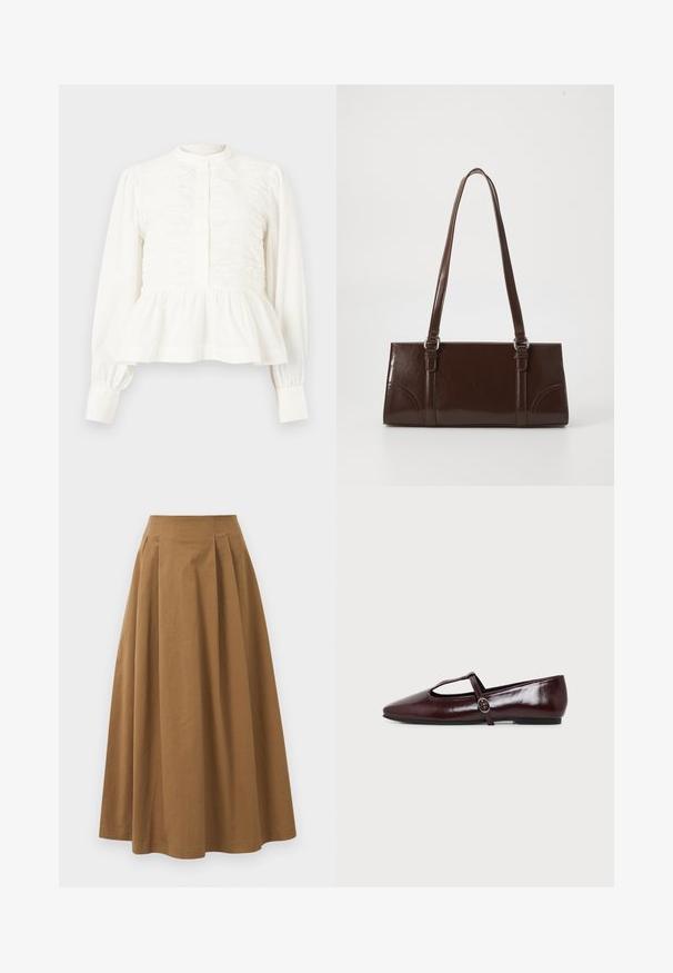Blouse blanche à manches longues avec panneaux fronçés à l'avant, col montant, patte de boutonnage et ourlet basque froncé.; Jupe A-line en coton brun avec taille haute, dotée de plis sur le devant et d'une texture lisse. Les finitions de l'ourlet sont nettes et simples.; Chaussure plate en cuir bordeaux foncé avec un bout pointu et une fine bride en T avec une boucle argentée sur fond blanc.; Sac à main en cuir verni marron de forme rectangulaire, avec deux longues poignées et des accents courbés subtils à l'avant.