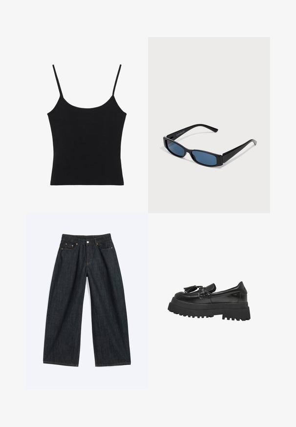 Débardeur noir sans manches pour femme avec fines bretelles spaghetti et ourlet droit.; Jean denim bleu foncé à jambes larges avec poches avant et passants de ceinture, posé à plat sur un fond clair.; Mocassins en similicuir noir avec une semelle épaisse et texturée noire, ornés d'un pompon décoratif et de coutures détaillées le long des bords.; Lunettes de soleil noires avec une monture rectangulaire élégante et des verres bleus. Présente une texture lisse et des branches robustes. Logo de la marque sur le côté.