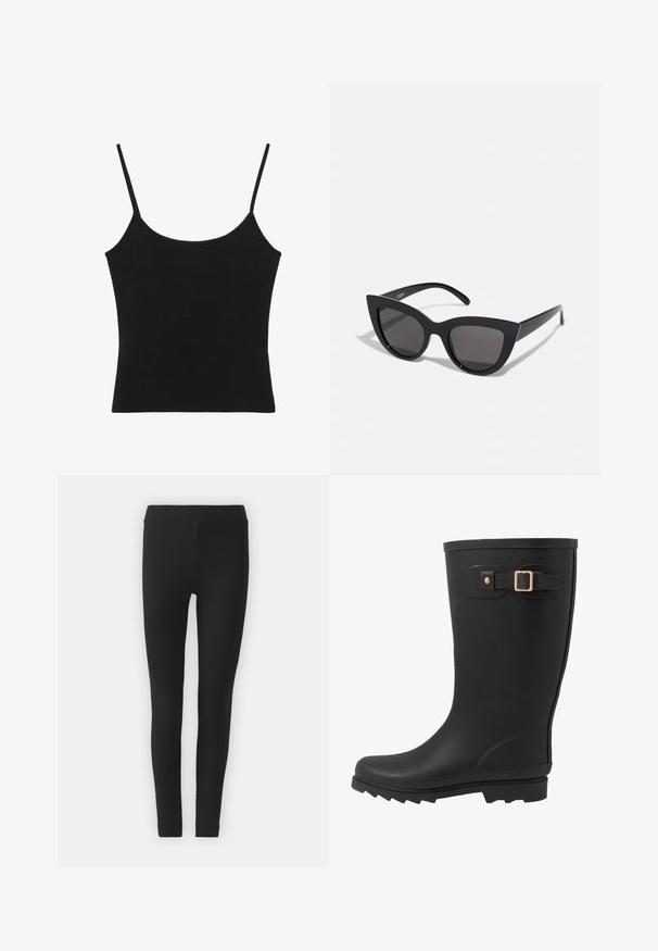 Zwart dames tanktop zonder mouwen met dunne spaghettibandjes en een rechte zoom.; Zwarte leggings van elastische stof met een gladde textuur, uitgerust met een hoge tailleband en een slank pasvorm ontwerp.; Zwarte rubberen regenlaars met een ronde neus, een gestructureerde zool en een zijklepdetail met een gouden gespaccents.; Zwarte cat-eye zonnebril met een matte afwerking, voorzien van grijs getinte glazen, scherpe hoeken en slanke zijarmen. Merkennaam zichtbaar op de binnenarm.