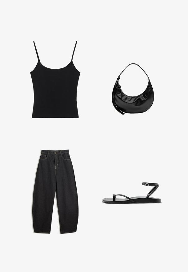 Zwart dames tanktop zonder mouwen met dunne spaghettibandjes en een rechte zoom.; Zwarte denim wijde pijpenbroek met een hoge taille, voorzien van gele stiksels, twee voorkruiken en een enkele knoopsluiting.; Zwarte platte sandaal met dunne bandjes, teenlus en een enkelbandje met een kleine ronde gesp, zijaanzicht.; Zwarte halfmaanvormige leren handtas met een korte riem en een ritssluiting met een leren zijtrekker.