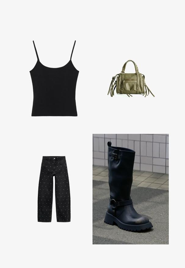 Zwart dames tanktop zonder mouwen met dunne spaghettibandjes en een rechte zoom.; Zwarte straight-leg spijkerbroek met metalen oogjes die de stof gelijkmatig bedekken, voorzien van voorzakken en riemlussen.; Zwarte leren midkuitlaars met grove zool, metalen gesp nabij de bovenkant en riem met ringdetail boven de enkel, op een geplaveid oppervlak.; Olijfgroene leren handtas met gevlochten handvatten, ritssluiting aan de voorkant en decoratieve franjes. Gestructureerde afwerking, compacte rechthoekige vorm.